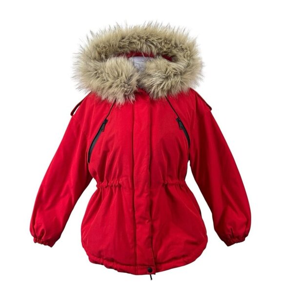 C&A Parka Jacket Womens S Small Red Polyester Fill Puffer Faux Fur Winter Skiing - Picture 2 of 13